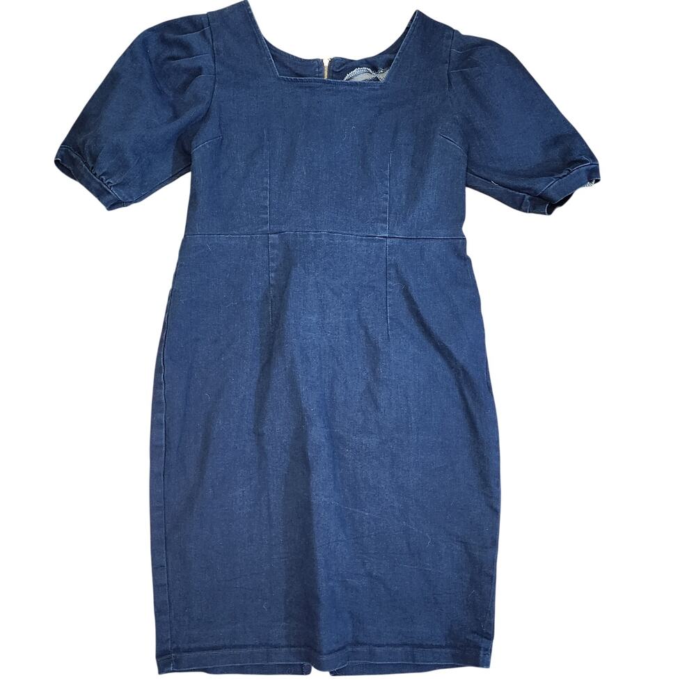 Handmade Stretch Denim Square Neck Bodycon Pencil Dress-Size 16